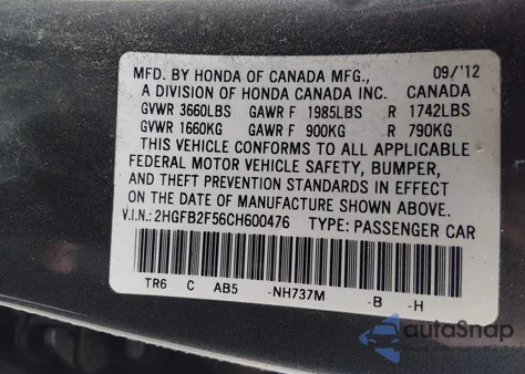 2012 Honda Civic Lx from USA, damaged, VIN 2HGFB2F56CH600476
